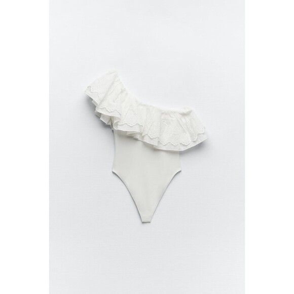 White Zara One Shoulder Openwork Eyelet Embroidered Ruffle Bodysuit (NWT) - Picture 7 of 8